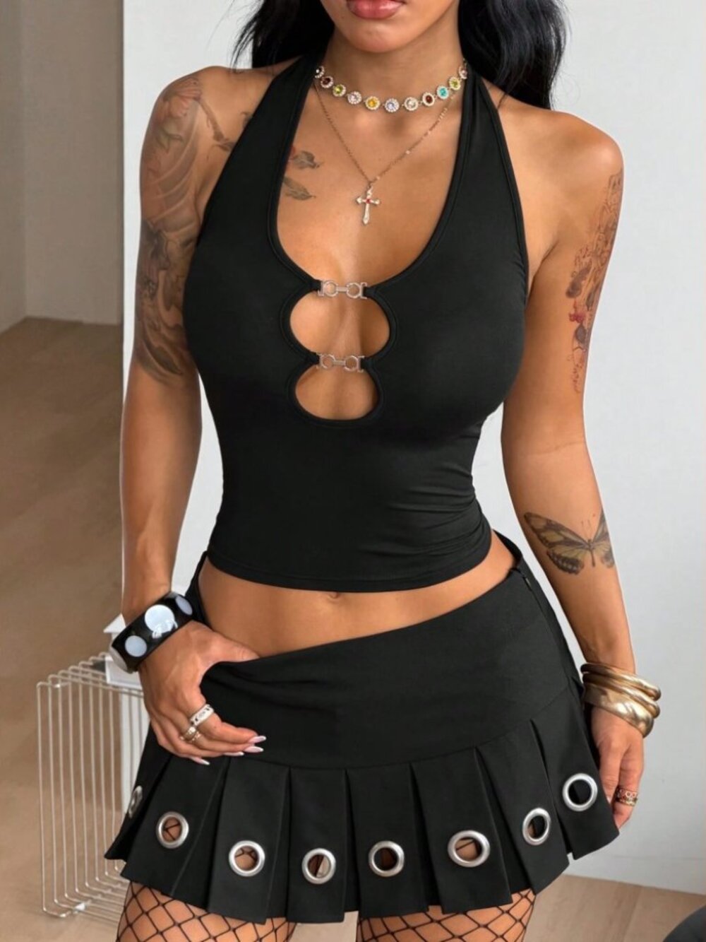 Black Halter Crop Top with Cutout Hardware Detail